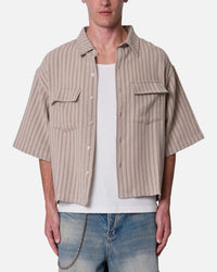 MNML Cropped Boxy Stripe Button Up Shirt Khaki