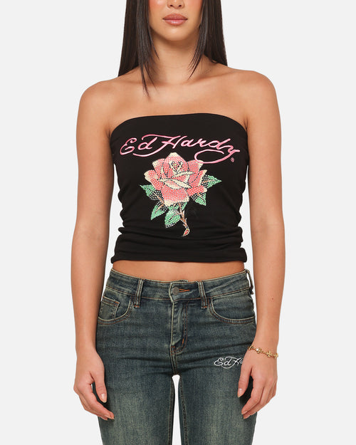 Ed Hardy Women's Rhinestone Rose Boob Tube Black