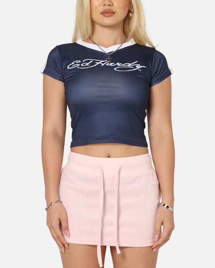 Ed Hardy Women's Football Baby T-Shirt Navy/White