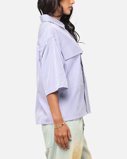 MNML Cropped Striped Short Sleeve Shirt Blue