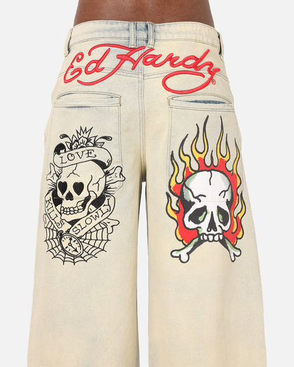 Ed Hardy Wide Leg Skull Jeans Sage