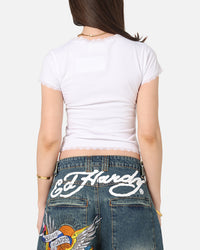 Ed Hardy Women's Lace Trim Baby T-Shirt White