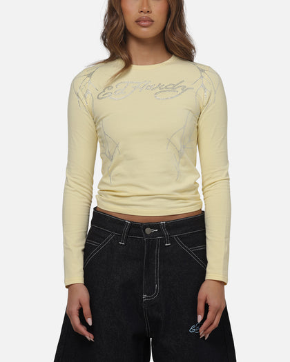 Ed Hardy Women's Cyber Rhinestone Long Sleeve T-Shirt Butter Yellow
