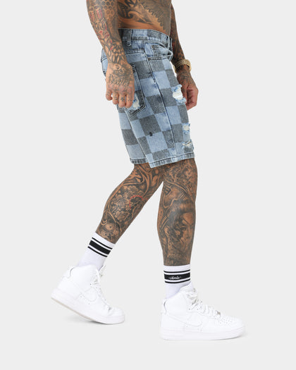 Saint Morta Vintage Checks Denim Shorts Stone Wash Blue