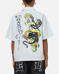 Ed Hardy Panther Button-Up Shirt Blue Pin Stripe