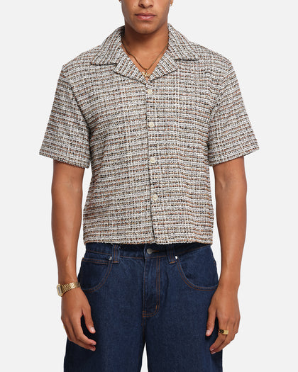 XXIII Boucle Tweed Crop Button Up Shirt Cream/Brown