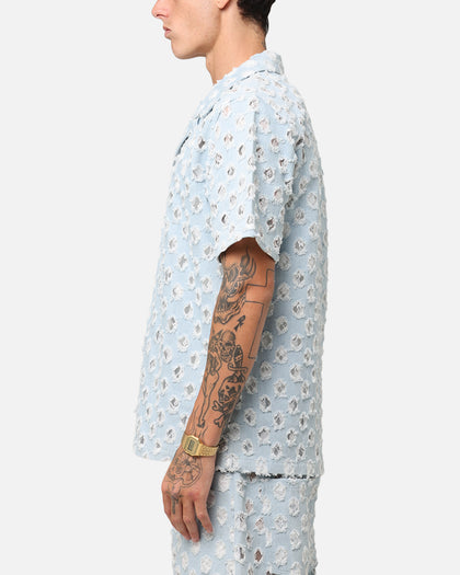 XXIII Lace Textured Denin Button Up Shirt Light Blue