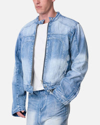 MNML Panelled Moto Denim Jacket Washed Blue