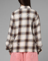 Loiter Heaven Distressed Flannel Button Up Shirt Brown/Beige