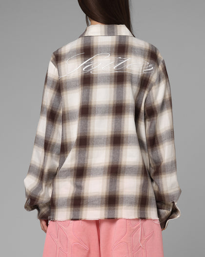 Loiter Heaven Distressed Flannel Button Up Shirt Brown/Beige