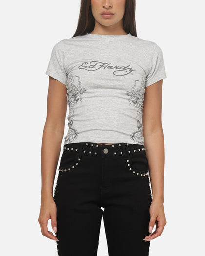 Ed Hardy Women's Side Tattoo Baby T-Shirt Grey Marle