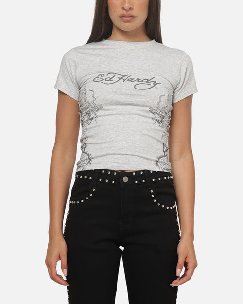 Ed Hardy Women's Side Tattoo Baby T-Shirt Grey Marle