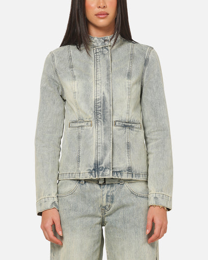 Ed Hardy Women's Vaulted Denim Moto Jacket Vintage Blue