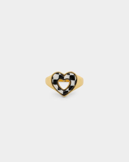Raising Hell Checkered Heart Ring Gold/Black