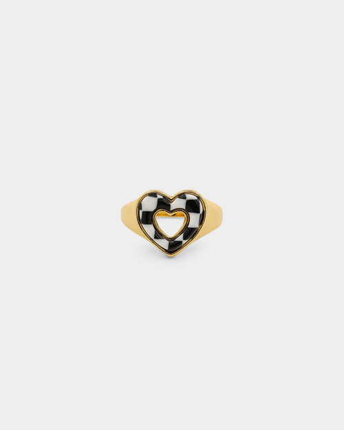 Raising Hell Checkered Heart Ring Gold/Black