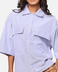 MNML Cropped Striped Short Sleeve Shirt Blue