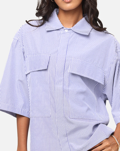 MNML Cropped Striped Short Sleeve Shirt Blue