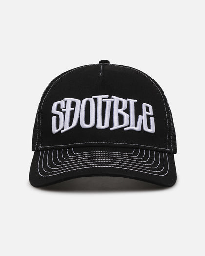 S Double Mid-Block Curved Peak Trucker Strapback Black