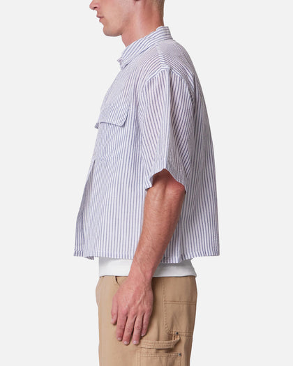 MNML Cropped Boxy Stripe Button Up Shirt Blue