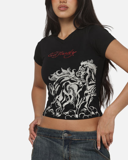 Ed Hardy Women's Stallion V Neck Baby T-Shirt Black