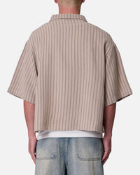 MNML Cropped Boxy Stripe Button Up Shirt Khaki