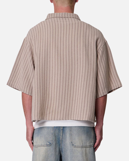 MNML Cropped Boxy Stripe Button Up Shirt Khaki