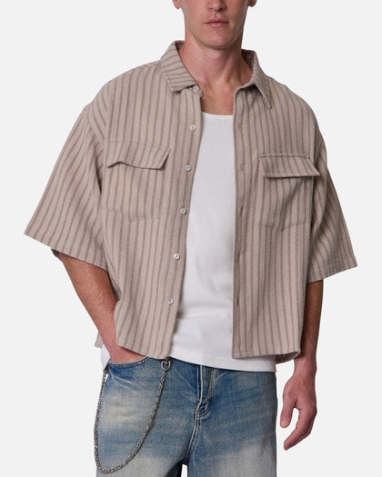 MNML Cropped Boxy Stripe Button Up Shirt Khaki