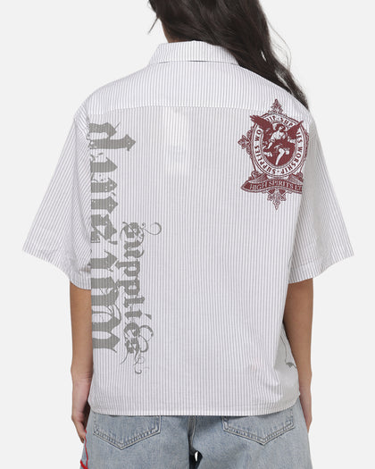 Worship Restraint Box Crop Shirt White Pinstripe
