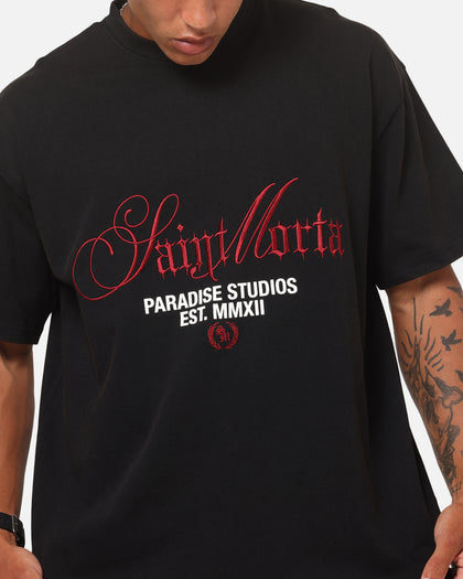 Saint Morta Regal Scripture Boxy T-Shirt Black Acidwash