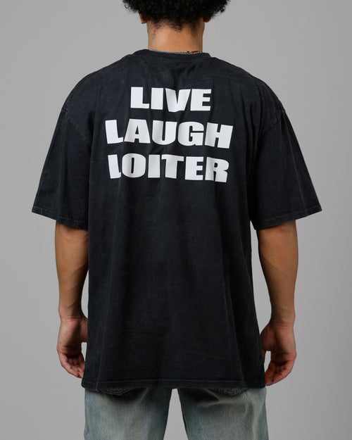 Loiter Live Laugh Love Drop T-Shirt Black Acidwash