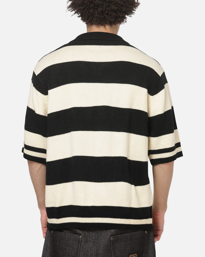 Criminal Damage Sports Knitted Polo Shirt Black Stripe