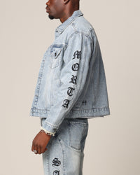 Saint Morta Rip Gothic Cutoff Denim Jacket Superwash Blue