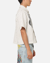 Ed Hardy Euro Short Sleeve Button Up Shirt White Pinstripe