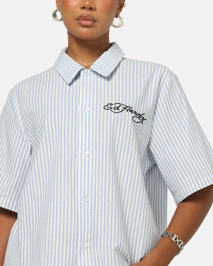 Ed Hardy Panther Button-Up Shirt Blue Pin Stripe