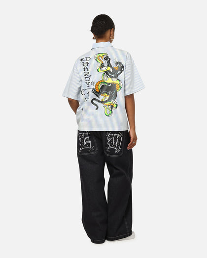 Ed Hardy Panther Button-Up Shirt Blue Pin Stripe
