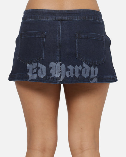 Ed Hardy Women's Waxed Denim Skirt Mid Blue