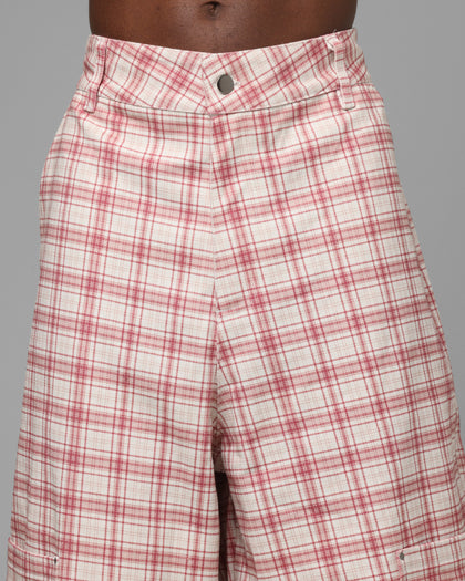 Loiter Utility Cargo Shorts Pink Check