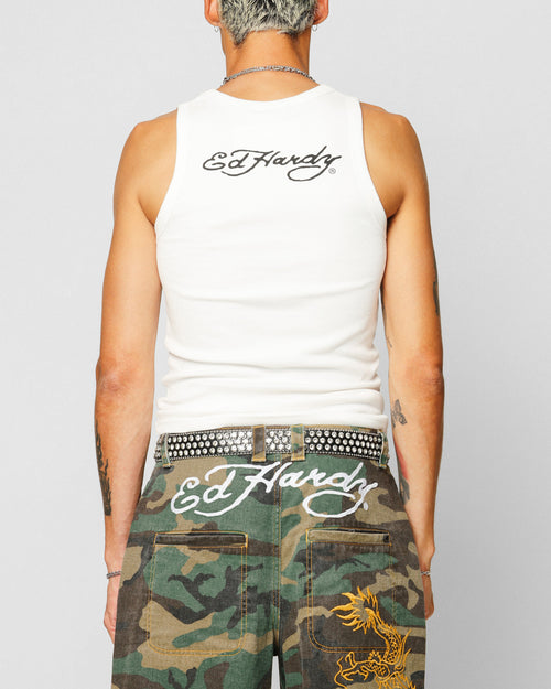 Ed Hardy Dragon Ribbed Muscle Singlet Off White