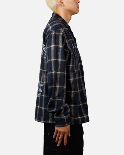 Sworn To Us Lotus Angel Flannel Button Up Shirt Navy