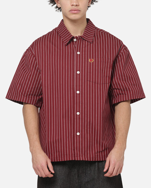 Carre Grid Short Sleeve Button Up Shirt Red Oxford Pinstripe