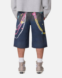 MNML Ultra Baggy Chain Printed Denim Shorts Blue