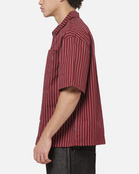 Carre Grid Short Sleeve Button Up Shirt Red Oxford Pinstripe