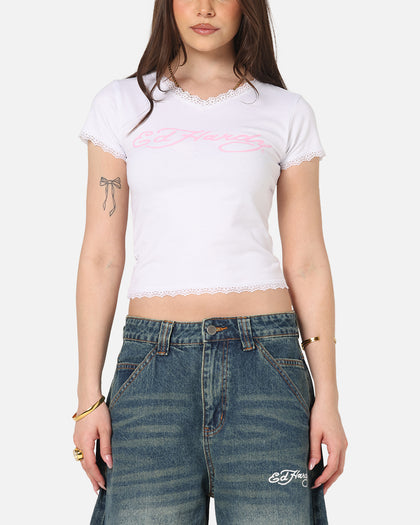 Ed Hardy Women's Lace Trim Baby T-Shirt White