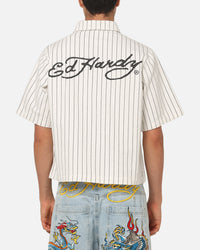 Ed Hardy Euro Short Sleeve Button Up Shirt White Pinstripe