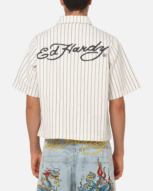 Ed Hardy Euro Short Sleeve Button Up Shirt White Pinstripe
