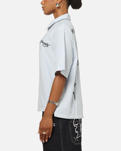 Ed Hardy Panther Button-Up Shirt Blue Pin Stripe