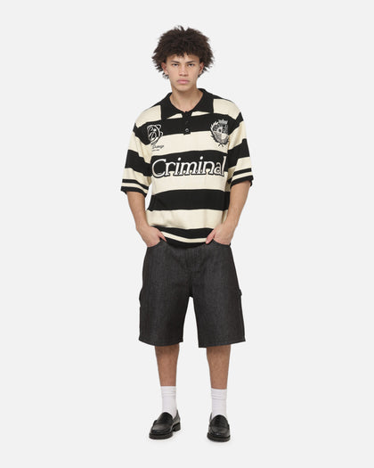 Criminal Damage Sports Knitted Polo Shirt Black Stripe