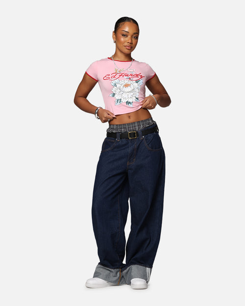 Ed Hardy Women's Blooming Baby Ringer T-Shirt Pink/Red