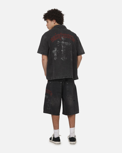 Saint Morta Graves Short Sleeve Button Up T-Shirt Black Shadow