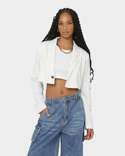 EN ES Women's Luna Cropped Blazer Pin Stripe White